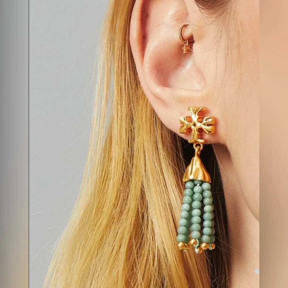 Tory Burch Jade & Gold‎ Tassel Earrings NWT